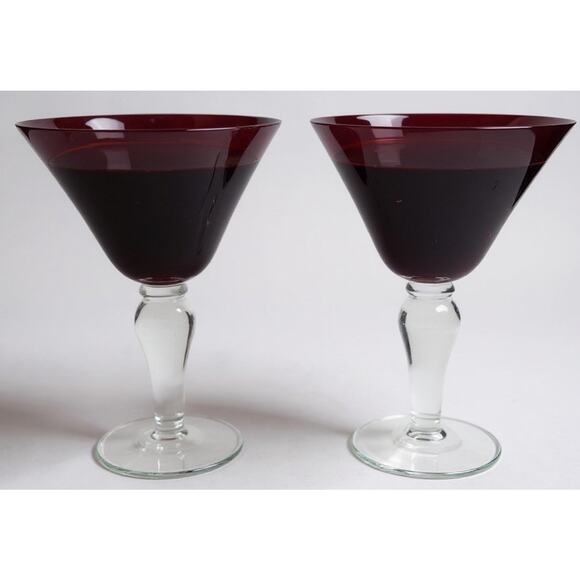 Vintage Deep Ruby Red Cocktail Glasses Set of 2 Clear Stem, Flared Bowl 7” - Picture 1 of 4